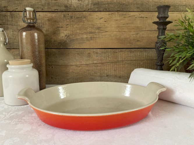925⚜️ Ancien Plat Ovale en Fonte Émaillée Couleur Orange Longueur 32 Cm Vintage
