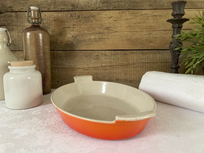 925⚜️ Ancien Plat Ovale en Fonte Émaillée Couleur Orange Longueur 32 Cm Vintage