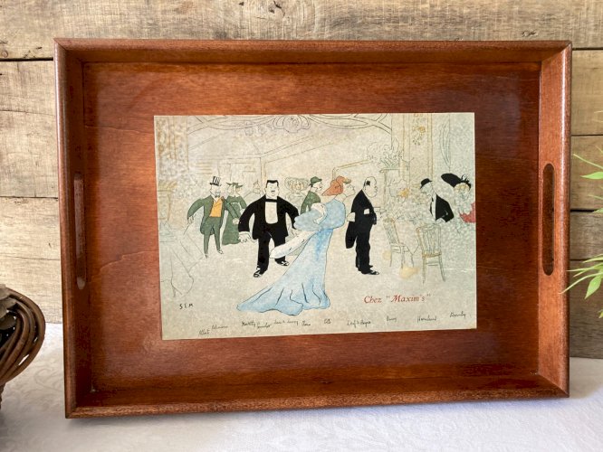 925⚜️ Ancien Plateau Maxim's en Bois Vintage Longueur 43 Cm