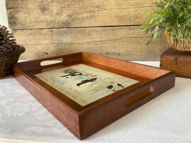 925⚜️ Ancien Plateau Maxim's en Bois Vintage Longueur 43 Cm