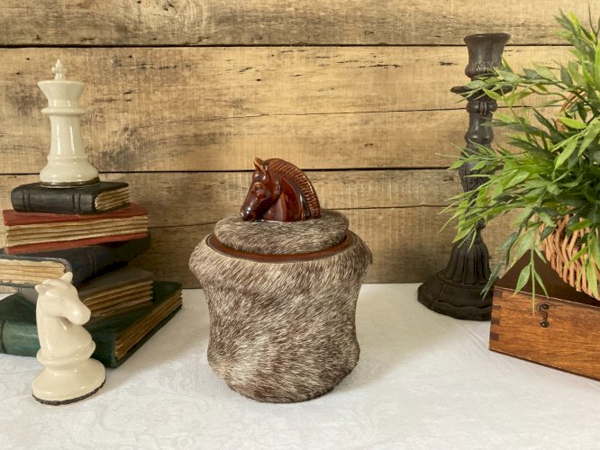 925⚜️ Ancienne Boite Pot à Tabac Avec Tête de Cheval en Céramique Hauteur 20 Cm