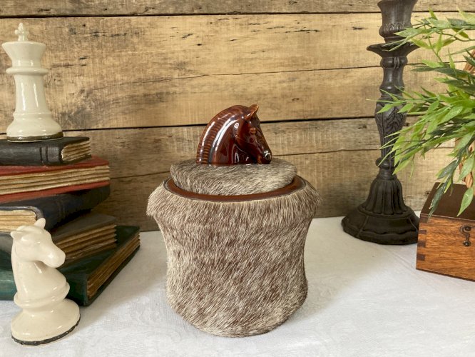 925⚜️ Ancienne Boite Pot à Tabac Avec Tête de Cheval en Céramique Hauteur 20 Cm