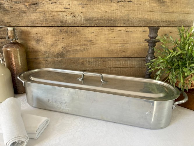 925⚜️ Ancienne Grande Poissonnière en Aluminium Vintage Longueur 62 Cm