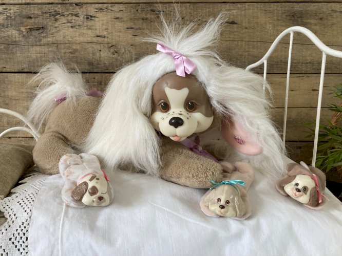 925⚜️ Ancienne Peluche Doudou Maman Trois Chiots Surprise Hasbro 1991 Vintage