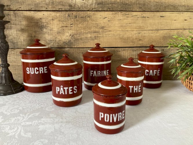 925⚜️ Ancienne Série de 6 Pots à Épices en Tôle Émaillée Vintage