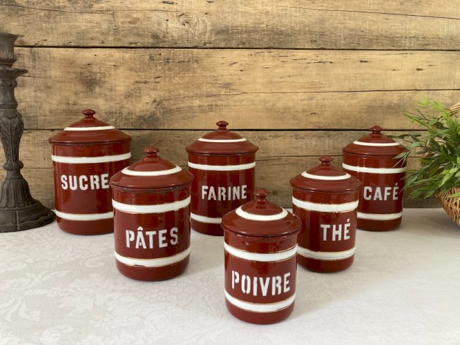 925⚜️ Ancienne Série de 6 Pots à Épices en Tôle Émaillée Vintage