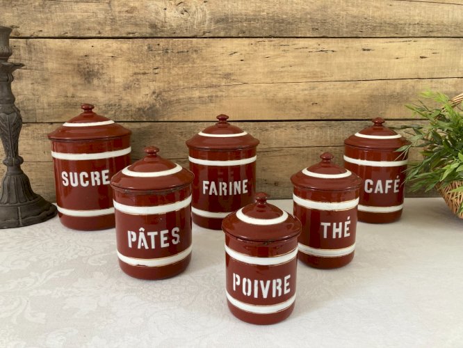 925⚜️ Ancienne Série de 6 Pots à Épices en Tôle Émaillée Vintage