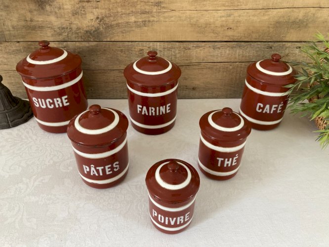 925⚜️ Ancienne Série de 6 Pots à Épices en Tôle Émaillée Vintage