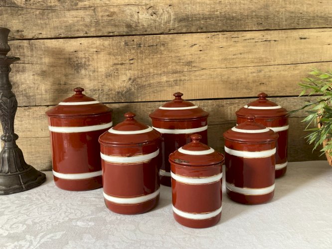 925⚜️ Ancienne Série de 6 Pots à Épices en Tôle Émaillée Vintage