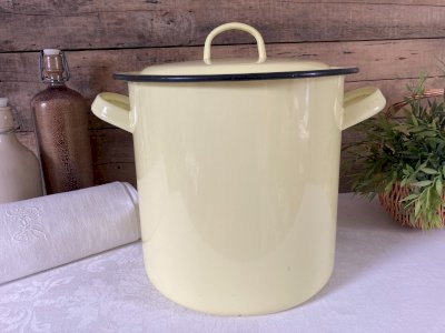 925⚜️ Grande Cocotte Faitout Marmite en Tôle Émaillée Jaune Vintage Hauteur 26Cm