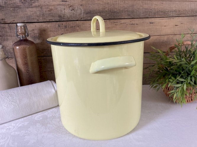 925⚜️ Grande Cocotte Faitout Marmite en Tôle Émaillée Jaune Vintage Hauteur 26Cm