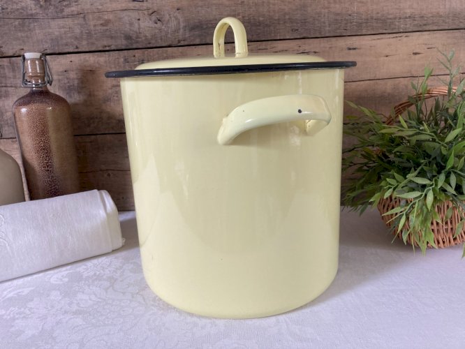 925⚜️ Grande Cocotte Faitout Marmite en Tôle Émaillée Jaune Vintage Hauteur 26Cm