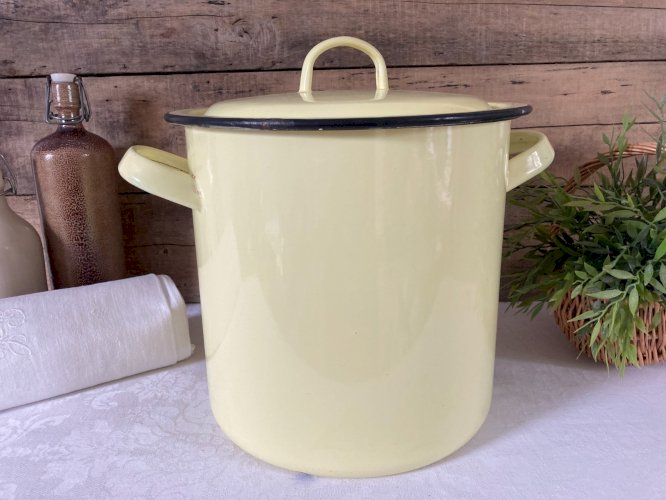 925⚜️ Grande Cocotte Faitout Marmite en Tôle Émaillée Jaune Vintage Hauteur 26Cm
