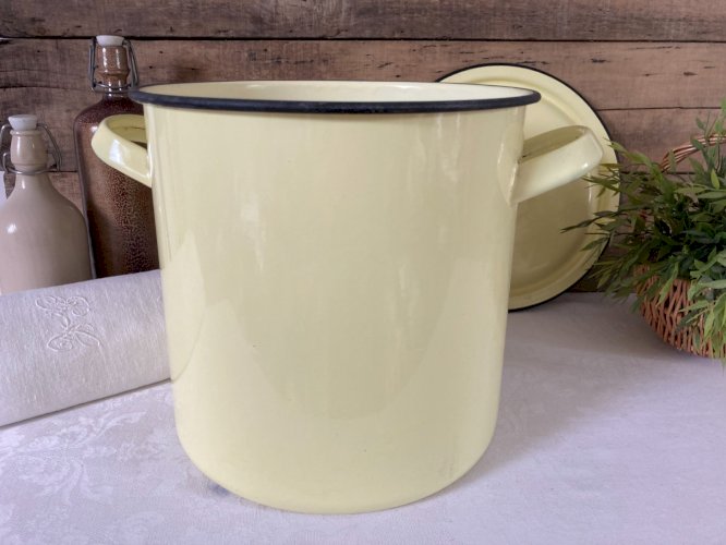 925⚜️ Grande Cocotte Faitout Marmite en Tôle Émaillée Jaune Vintage Hauteur 26Cm