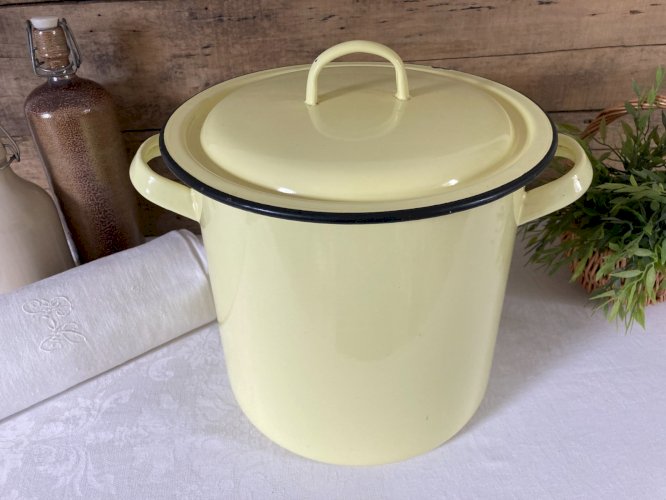 925⚜️ Grande Cocotte Faitout Marmite en Tôle Émaillée Jaune Vintage Hauteur 26Cm