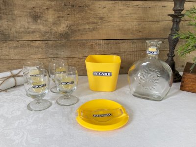 925⚜️ Ricard Advertising Set 4 Glasses + Carafe + Ice Bucket + Change Render