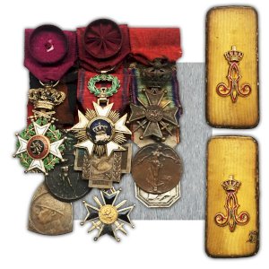 ABL: VERY RARE: 9 BELGIAN MEDALS BAR + SHOULDER BOARDS - WW1 ORIGINAL ALBERT 1ST