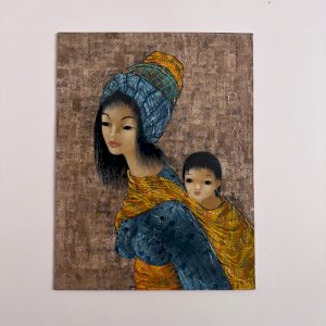 Acrylic on cardboard by Tran Long, a mother carrying her child A5759