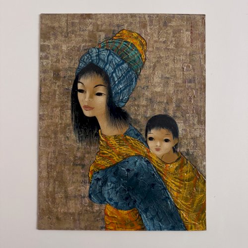 Acrylique sur carton par Tran Long une mère portant son enfant  A5759