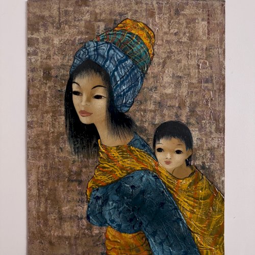 Acrylique sur carton par Tran Long une mère portant son enfant  A5759
