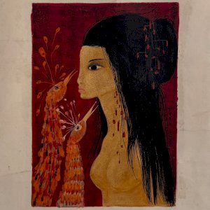Acrylic on paper naked girl with peacock heads by Tran Long 20th century A5758