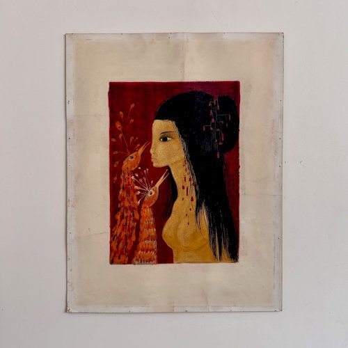 Acrylique sur papier jeune fille nue aux têtes de paon par Tran Long XXe A5758