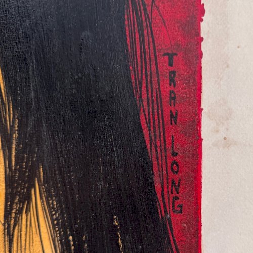 Acrylique sur papier jeune fille nue aux têtes de paon par Tran Long XXe A5758