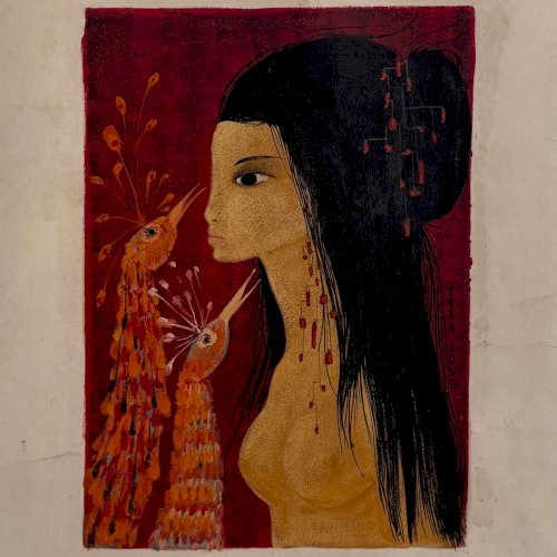 Acrylique sur papier jeune fille nue aux têtes de paon par Tran Long XXe A5758