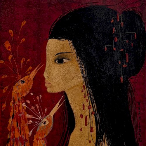 Acrylique sur papier jeune fille nue aux têtes de paon par Tran Long XXe A5758