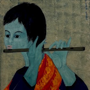 Acrylic on paper flute player by Tran Long XXe A5757
