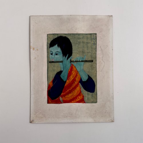 Acrylique sur papier joueur de flûte par Tran Long XXe A5757