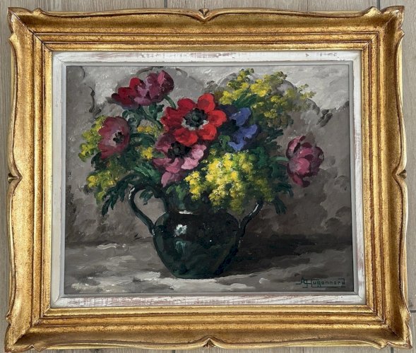 Adeline HUGONNARD: HUILE SUR TOILE TABLEAU DE FLEURS BOUQUET  XXEME