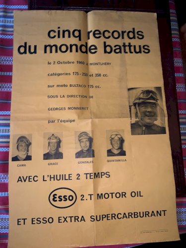 Affiche originale moto Bultaco 2 octobre 1960 Montlhéry Esso Georges Monneret
