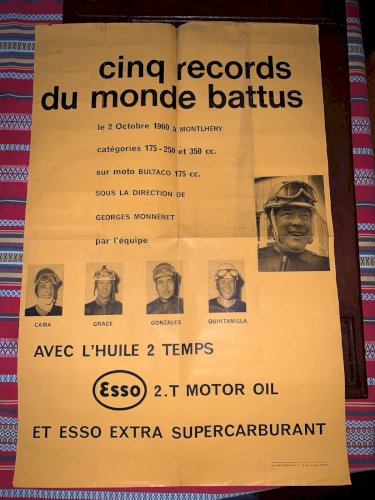 Affiche originale moto Bultaco 2 octobre 1960 Montlhéry Esso Georges Monneret
