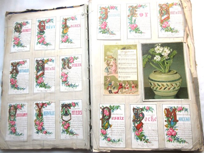 Album chromo + découpis XIXème, 55 pages: Poulain, Fleurs, animaux, personnages