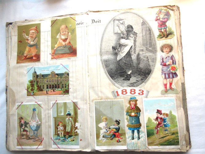 Album chromo + découpis XIXème, 55 pages: Poulain, Fleurs, animaux, personnages