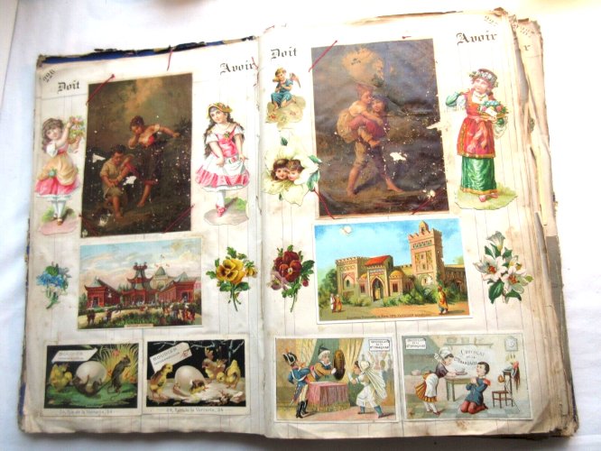 Album chromo + découpis XIXème, 55 pages: Poulain, Fleurs, animaux, personnages