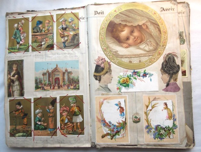 Album chromo + découpis XIXème, 55 pages: Poulain, Fleurs, animaux, personnages