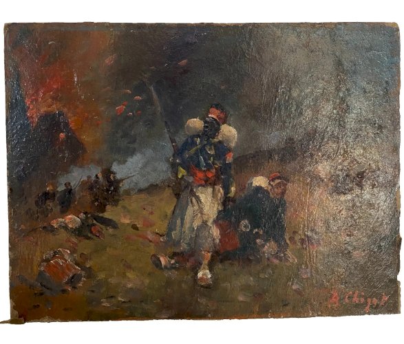 "Alphonse CHIGOT Le champ de bataille " Huile sur isorel XIX siècle