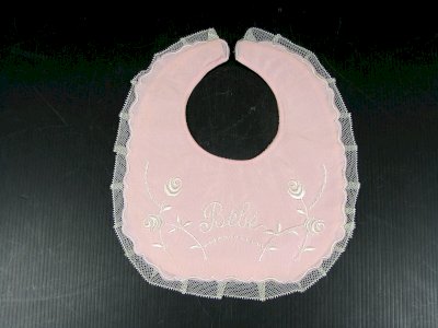 Old Baby Bib Silk Embroidered Pink and Lace Excellent Condition
