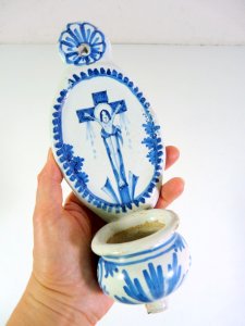 Antique earthenware baptismal font Nevers 18th century blue and white decor H - 24 cm