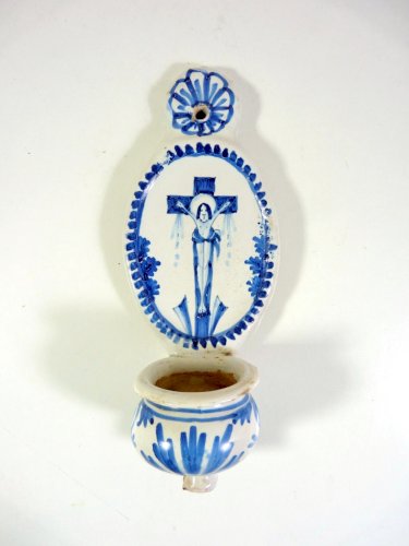 Ancien bénitier faïence Nevers XVIII° décor bleu et blanc H - 24 m