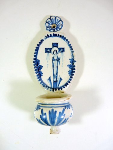 Ancien bénitier faïence Nevers XVIII° décor bleu et blanc H - 24 m
