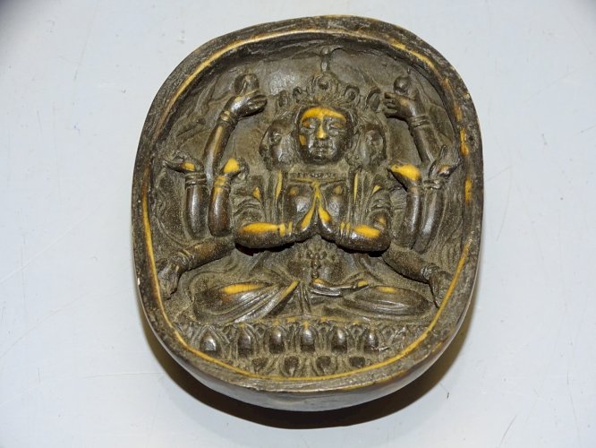 -ANCIEN BOUDDHA ORIENTAL EN 2 PARTIES FORMANT BOITE POISSONS CARPES COLLECTION D