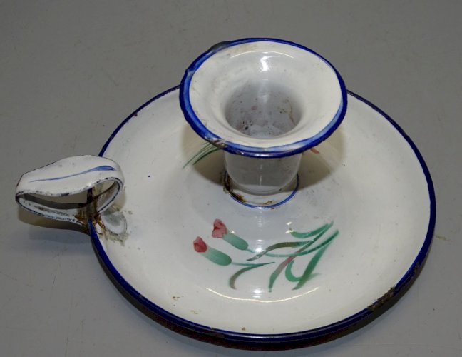 -ANCIEN BOUGEOIR A MAIN EMAIL EMAILLE à décor de fleurs COLLECTION DECO   D