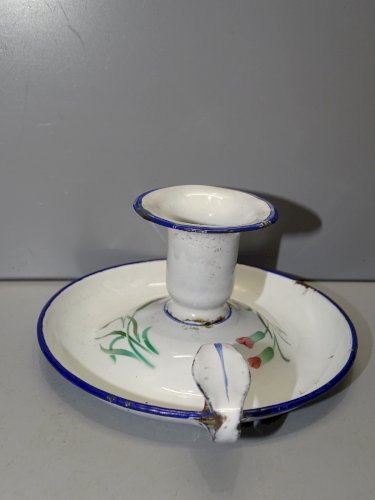 -ANCIEN BOUGEOIR A MAIN EMAIL EMAILLE à décor de fleurs COLLECTION DECO   D