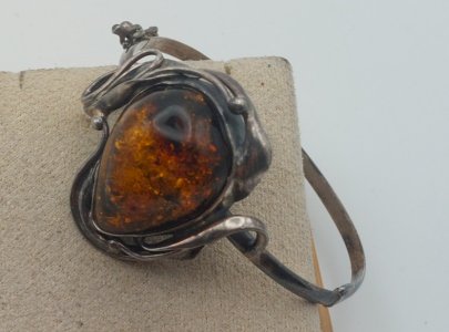 Antique bangle / cuff bracelet, Baltic amber and sterling silver