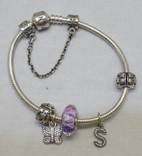 -ANCIEN BRACELET PANDORA ARGENT AVEC 5 CHARMS PAPILLON & S avec BRILLANTS     D