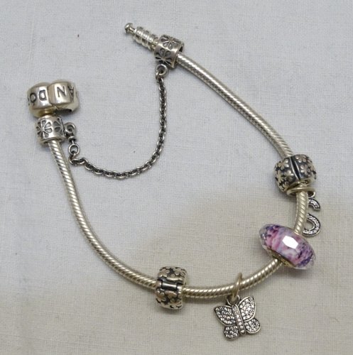 -ANCIEN BRACELET PANDORA ARGENT AVEC 5 CHARMS PAPILLON & S avec BRILLANTS     D