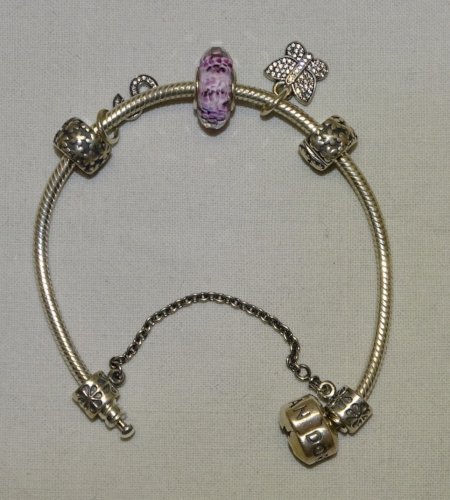 -ANCIEN BRACELET PANDORA ARGENT AVEC 5 CHARMS PAPILLON & S avec BRILLANTS     D